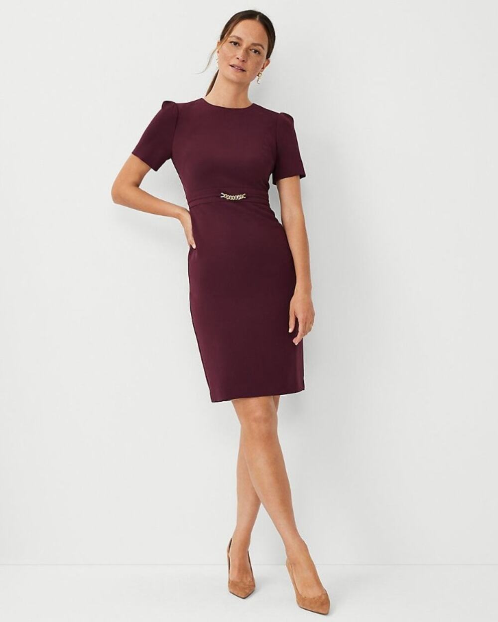 NWT Ann Taylor Maroon Purple Knee Length Sheath Dress Gold Chain Belt Women's 14